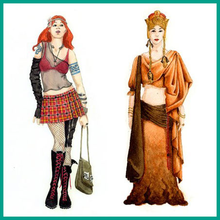 2 examples of fashion designs illustrated in watercolor. One is a modern punk style, and the other is a fantasy style.
