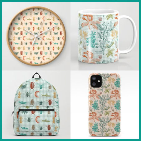 Pictures of surface design by Sarah on various products available from her Society6 shop